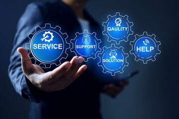 services concept with businessman holding gear service system to monitoring customer request to...