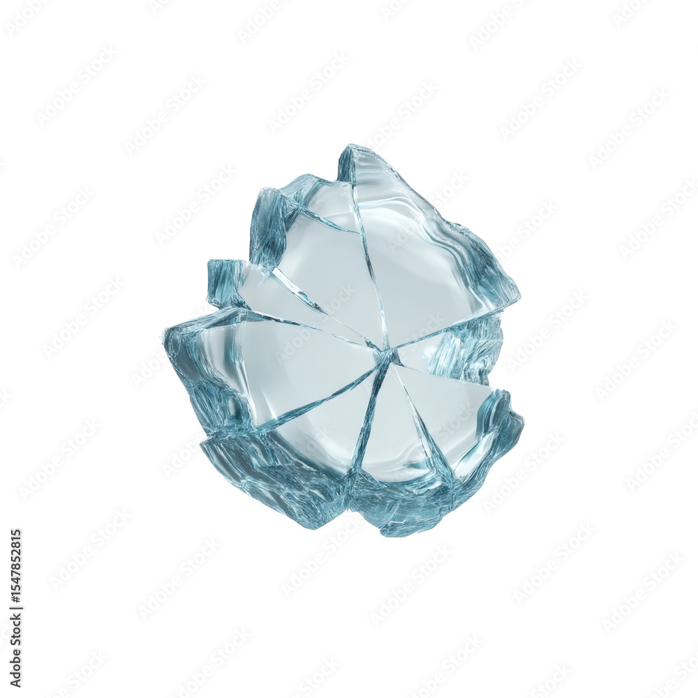 Poster broken glass piece with sharp edges and transparent reflections on a white background showcasing fra