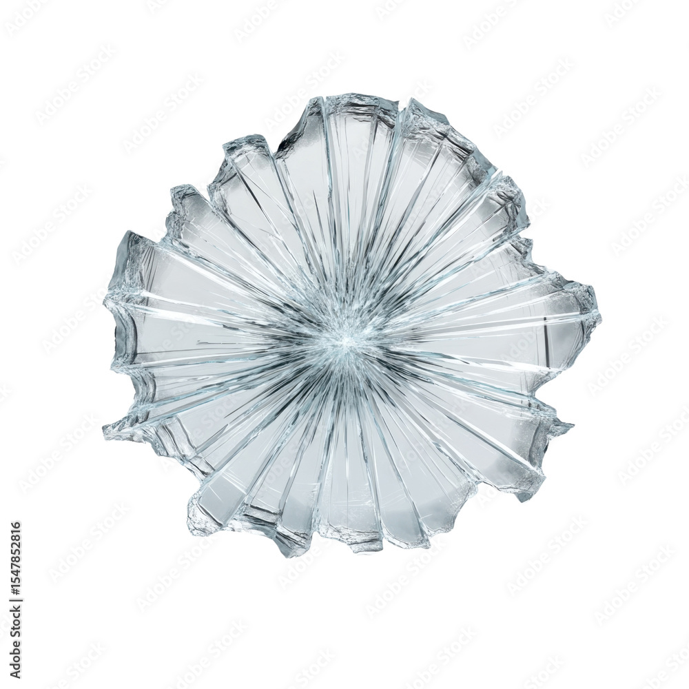 Poster shattered glass fragment with radial spokes causing intricate patterns and textures on a white backg