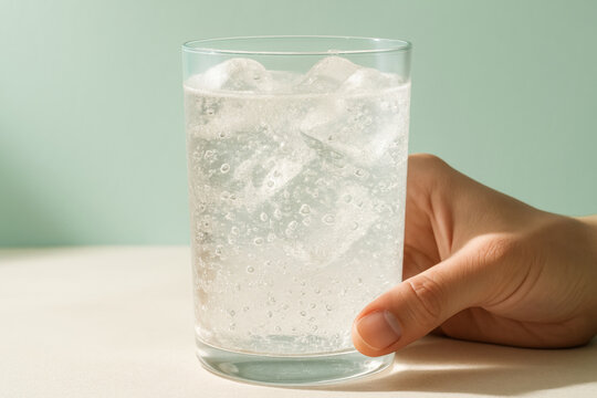 Hand holding refreshing glass of sparkling water with ice cubes and bubbles on light background for hydration and wellness concepts