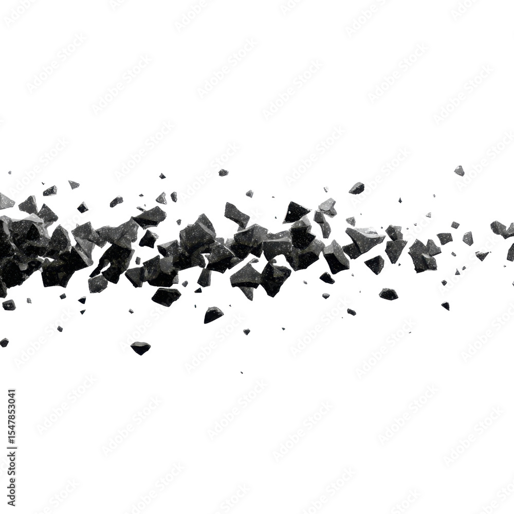 Poster shattered dark stones creating dynamic motion on black background with dust and debris effects for c