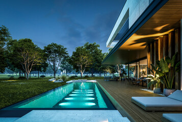 3d rendering of two-story house with parking and pool for sale or rent with concrete facade and beautiful landscaping. Clear summer night with many stars on the sky