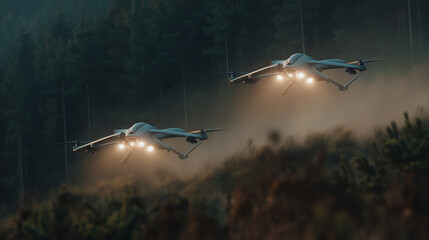 Military Drone Launching from Forest Base with Dust and Engine Glow