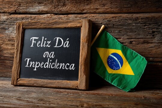 A chalkboard displays Feliz Dia da Independencia with a Brazilian flag set against a rustic wooden backdrop