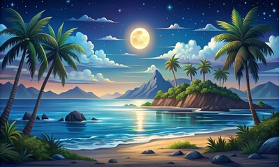 Night sea landscape. Vector illustration of seascape with tropical island, palm tree, mountains, rock, ocean, sand beach, moon, stars and clouds. Horizon coastline. Dark summer scenic view with ocean
