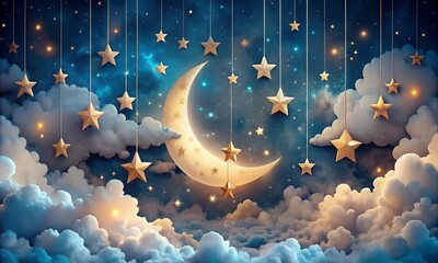 Night sky with stars and moon. Paper art style. Dreamy background with moon stars and clouds, abstract fantasy background. Half moon, stars, and clouds on the dark night sky background.