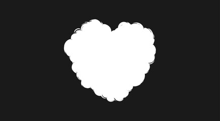 A white fluffy heart shape cloud on a black background. Love chalk textured symbol, hand drawn romantic crayon design icon. 
