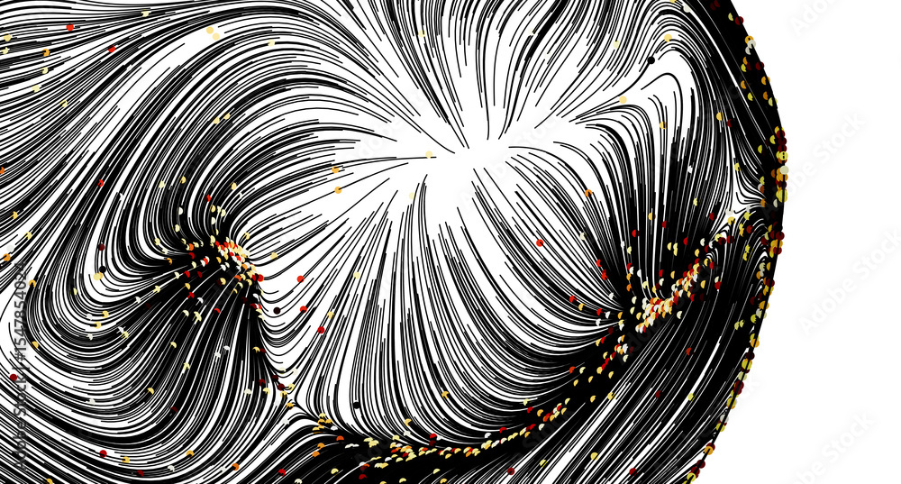 Poster black and white swirling lines with colorful dots. abstract art background.