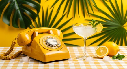 Bright yellow aesthetic still life featuring retro phone and lemon cocktail with tropical leaves