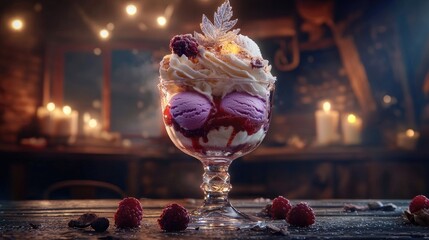 A highly detailed and ultra-realistic photograph of a magical ice cream sundae served in an elegant crystal glass, with scoops of lavender, vanilla, 