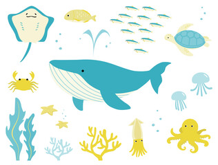 夏の海の生き物シンプルかわいいイラストセット2