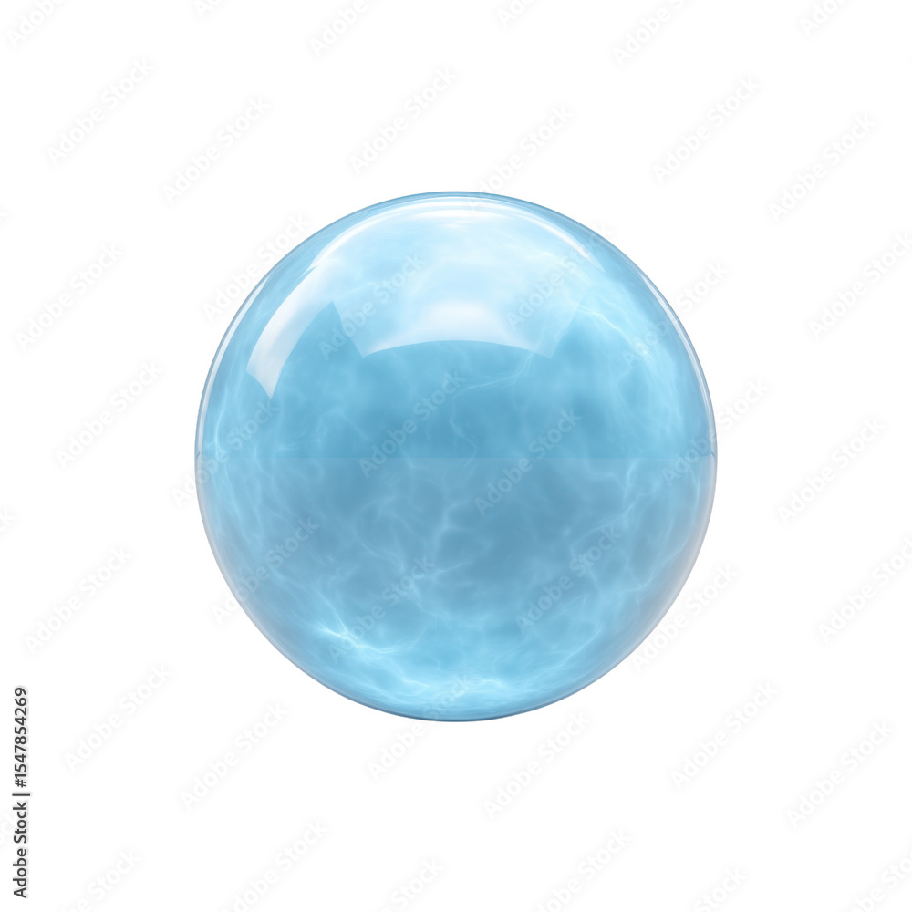 Poster glossy blue bubble floating in the air with a transparent surface reflecting light and soft textures