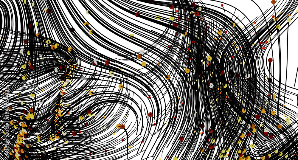 Poster dynamic abstract art featuring swirling black lines and colorful dots. perfect for modern designs.