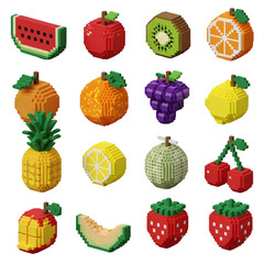 Isometric pixel art of various fruits including watermelon apple kiwi and citrus on black background