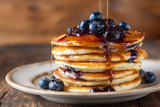 Stack of blueberry pancakes with syrup drizzle, stack slightly to lower right
