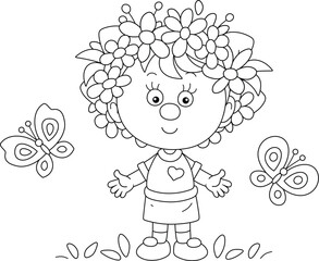 Happy little girl with a flower wreath on her head and funny butterflies fluttering around, black and white outline vector cartoon illustration for a coloring book