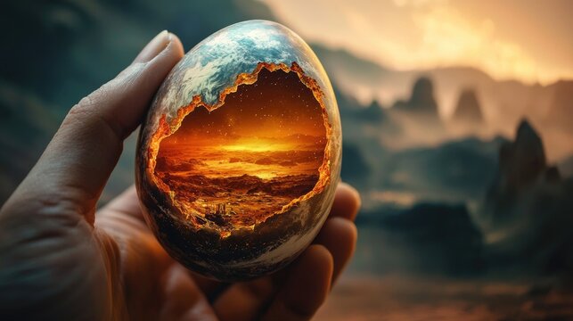 A multimodal AI photographic closeup of a hand holding a Sci-fi decorated egg, the center of the egg has pieces of the shell missing, inside a magical and ethereal planetscape of Mars is revealed
