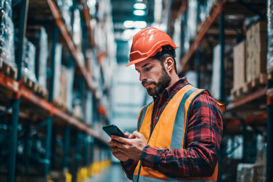 Warehouse worker scanning barcode on package in high-tech warehouse, subject right aligned