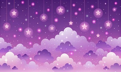 Purple night sky. Cute vector illustration. Clouds in pink shades. Stars and falling stars. Illustration for children. Wallpaper.