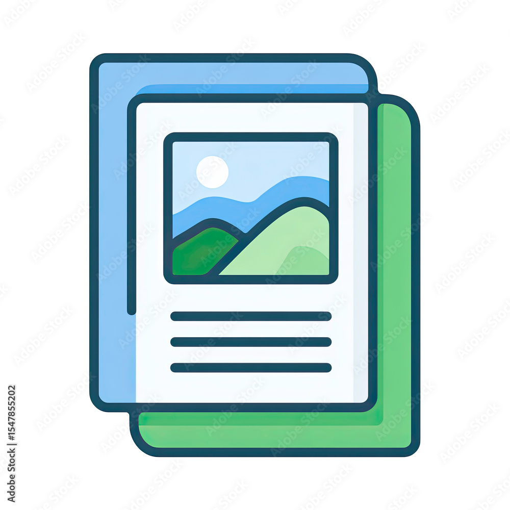 Poster document with landscape image and text icon in blue and green on transparent background