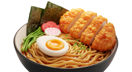 A bowl of ramen with fried chicken, egg, seaweed, and other toppings served in a dark bowl