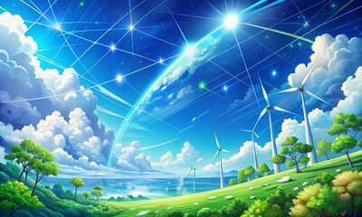 Vector of sky, anime style, green energy, ecosystem, net-zero, blue space with clouds, illustration