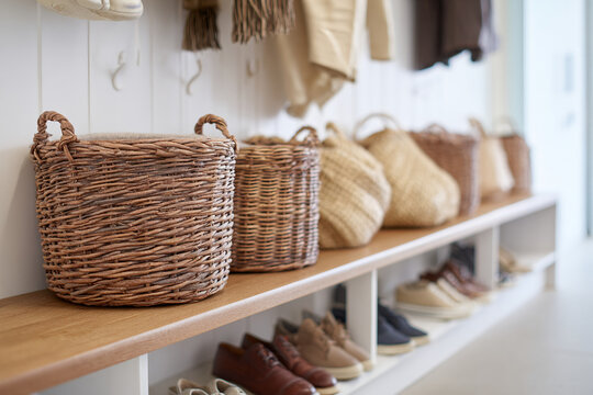 A tidy mudroom with baskets, hooks, and shoes neatly aligned, focus to right