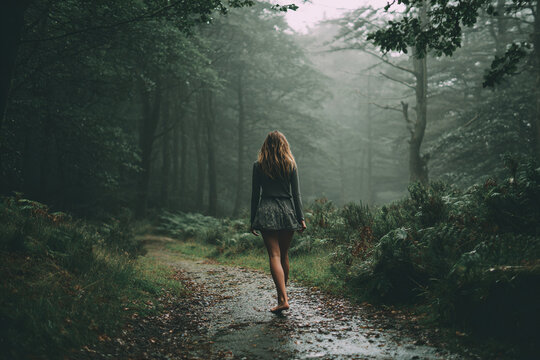Young woman walking barefoot on wet forest path after rain, subject right-aligned, soft light and misty