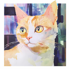 Vibrant Watercolor Portrait of an Orange Tabby Cat with Abstract Color Blocks
