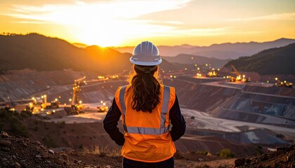 Female engineer in safety gear observes mining site at sunset, with mountains in the background.