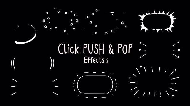 Set 2 of Click Push Pop line effects, circle burst ray, radiant, burst, stars, confetti, hearts, sparkle, Hand-drawn animation on a transparent background, alpha channel