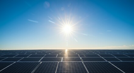 Solar Panel under the Sun: A low-angle shot unveils rows of solar panels shimmering under a radiant sun against a vast azure sky, showcasing a commitment to sustainable energy and innovation.