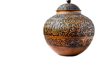 Medieval Islamic ceramic lamp with inscriptions, Transparent background, PNG file