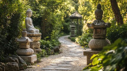 Obraz premium A Zen retreat in nature, featuring a tranquil walking path through lush greenery and stone statues.