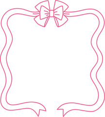 Pink vintage frame with bows knot and forked ends, wavy ribbons square border, coquette line art vector outline design