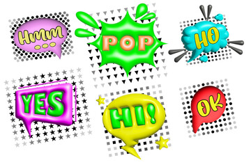 A set of bright stickers with phrases. Pop, Hi, Hmm, Ok, Yes. Areas with a 3d effect.