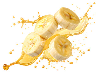 flying slices of banana with juice isolated on white background