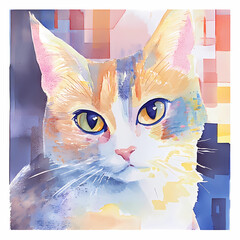 Abstract Watercolor Portrait of a Cat with Geometric Background


