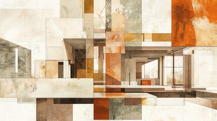 AI architectural design workflow portrayed in Gouache Painting Style, showcasing earth tones of beige, olive, and rust, with an unobstructed central area for overlays, depicted in a time-lapse format