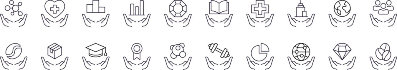 Obraz premium Pack of Charity and Gift Related Line Icons. Education, Healthcare, Stone Outline Signs for Graphic and Web Design, Apps, Adverts, Various Cards