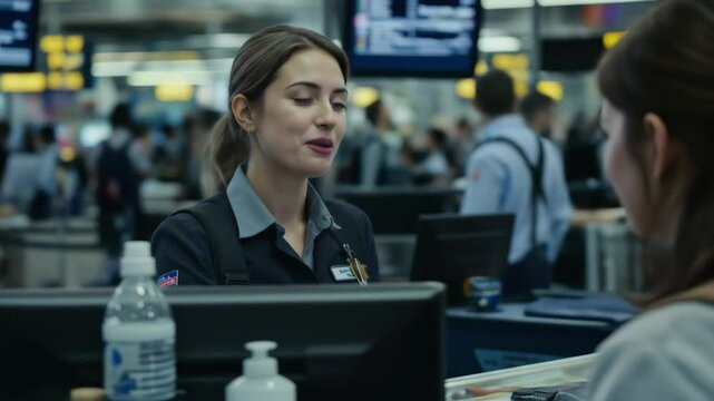 Woman In Blue Uniform at Airport Check In Counter Under Bright Lighting as People Wait In Queue