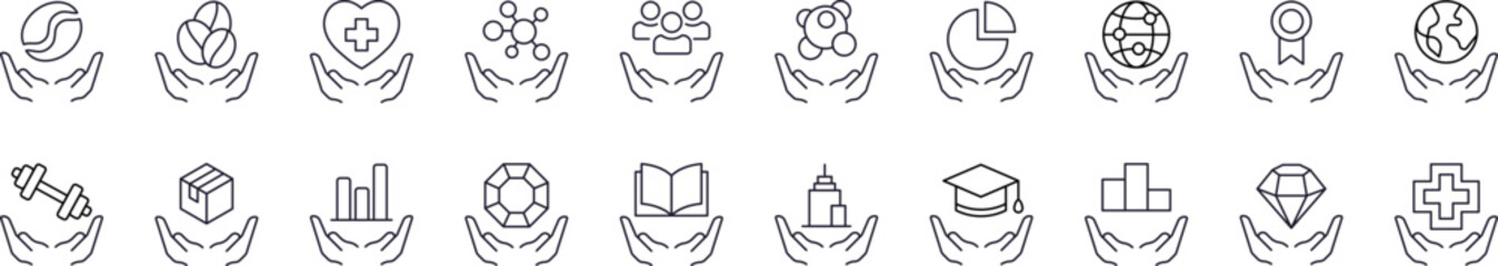 Charity and Gift Line Icon Set. Education, Healthcare, Stone Outline Signs for Graphic and Web Design, Apps, Adverts, Various Cards