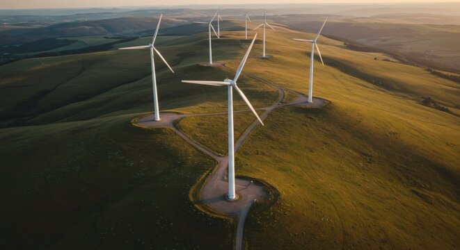 Wind Turbine Farm on a Hilltop: A majestic wind farm with towering wind turbines stands atop a rolling hill, a testament to sustainable energy solutions, symbolizing progress, green power.