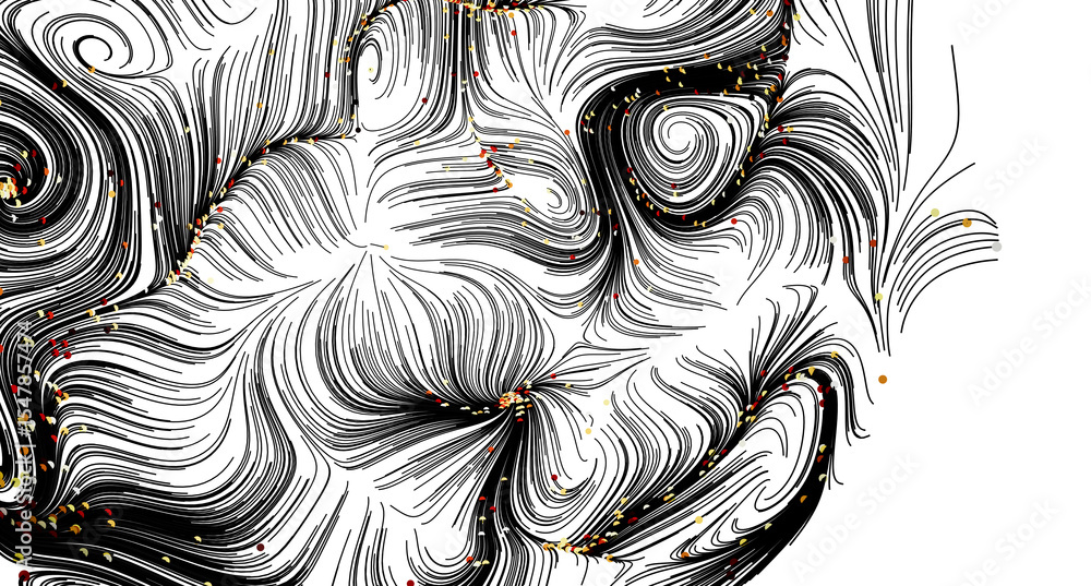 Poster stylish black and white abstract art with swirling lines and colored dots. perfect for modern design
