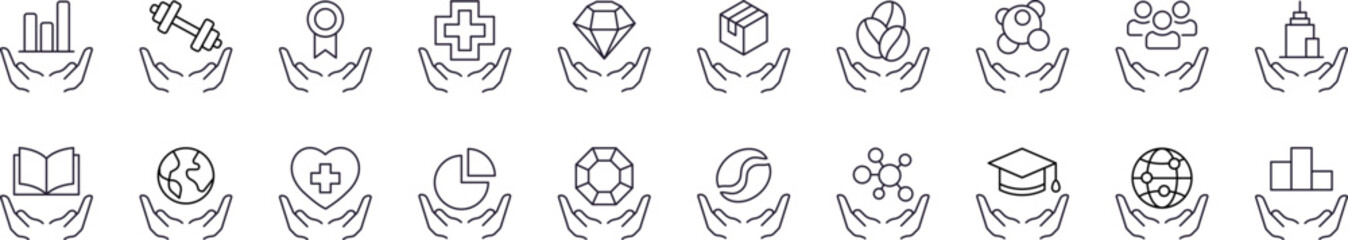 Charity and Gift Thin Line Icon Set. Education, Healthcare, Stone Outline Signs for Graphic and Web Design, Apps, Adverts, Various Cards