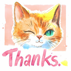 Winking Orange Cat Illustration with “Thanks” Text in Watercolor Style