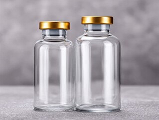 Clear glass bottles with golden caps arranged elegantly on a textured surface reflecting modern design aesthetics for packaging and branding concepts captured with clarity