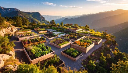 Fototapeta premium Aerial view of a vibrant mountain garden with diverse plants and stunning sunset backdrop, showcasing nature's beauty.