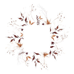 Watercolor autumn foliage square frame. Orange, beige, burgundy, fall maple leaves, wild brown branches, twigs, spikelets. Hand drawn style illustration. Watercolour artistic template design.