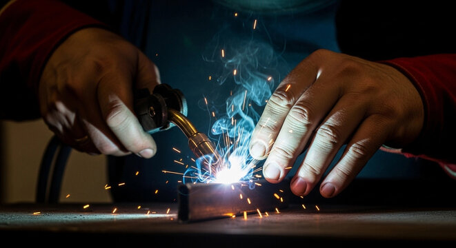 Skilled welder without gloves using torch to join metal pieces  